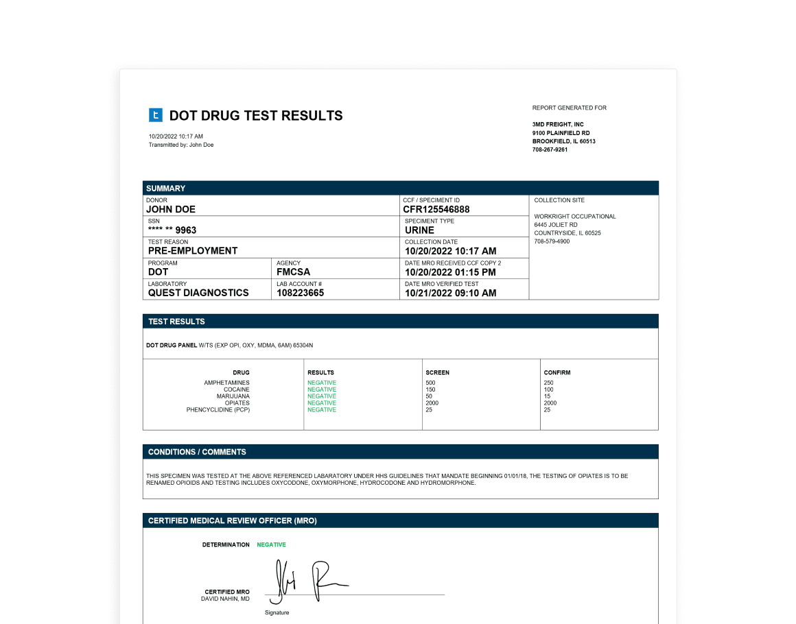 DOT drug test results with medical review officer (MRO) signature.