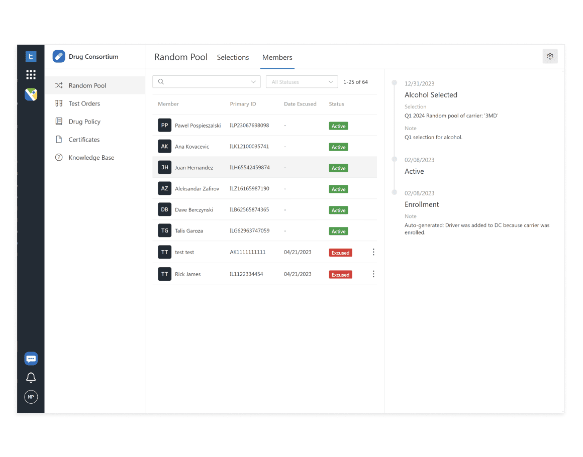 DOT drug testing software showing members of a random pool.