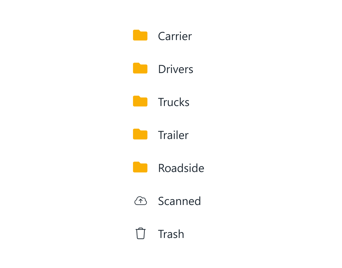 Shows Cloud Drive and folders for carrier, drivers, trucks, trailers and roadside inspection documents.