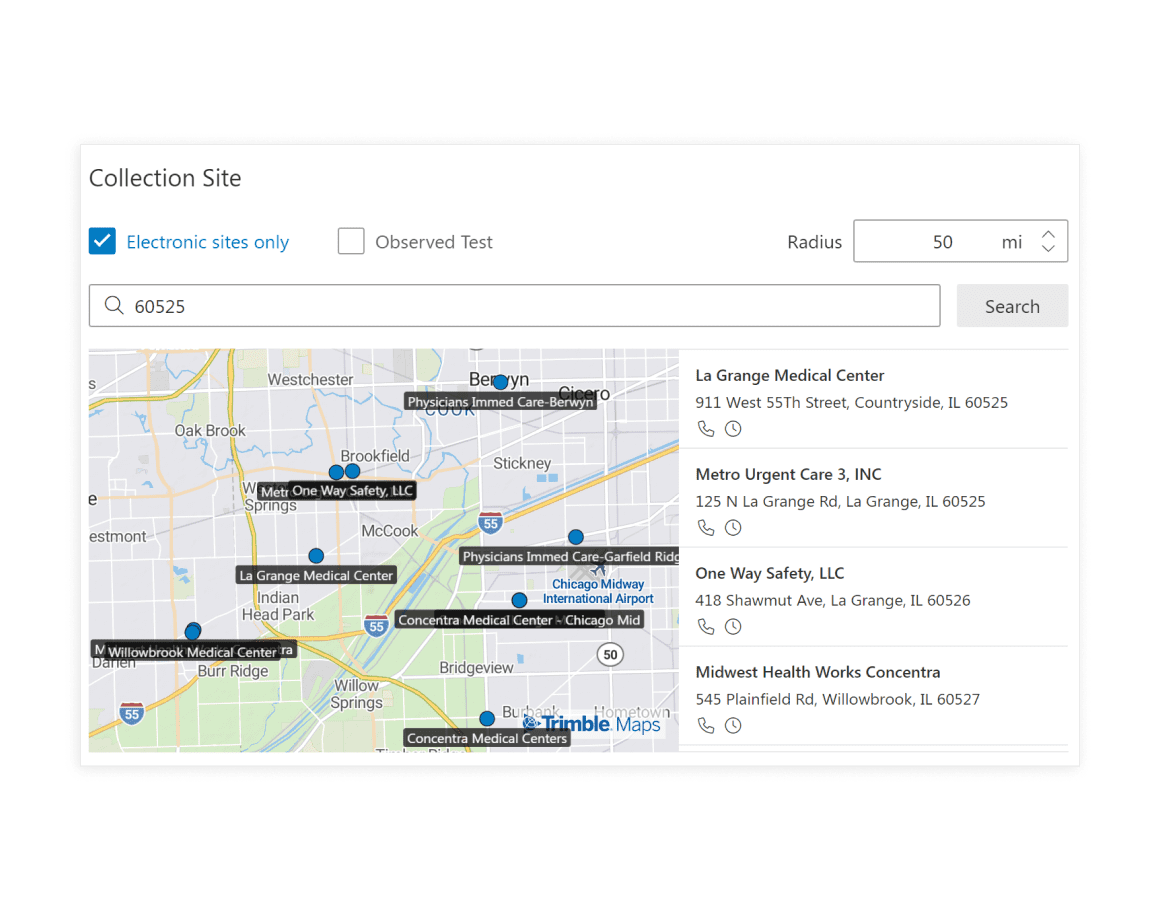 Screenshot showing DOT drug consortium software and list of available test labs for a DOT drug pre-employment test.