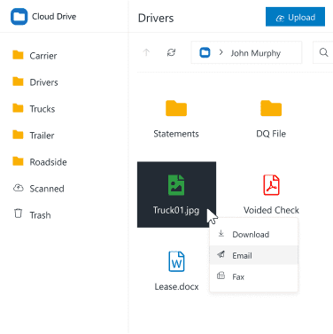 Cloud Drive software showing complete trucking file management solution with folders for carrier, driver, truck, trailer and roadside documents, all safely stored in the cloud and accessible from anywere. Image shows ability to right-click on any file to download, e-mail or fax it.