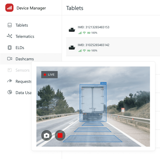 Device Manager sotware showing a lis of AI dashcams overlaid with live-feed of a selected dashcam.