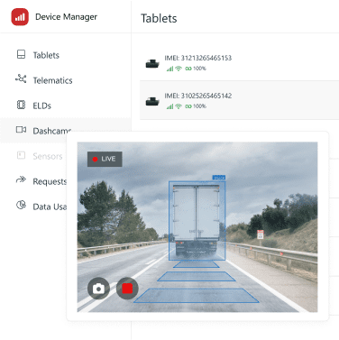 Device Manager sotware showing a lis of AI dashcams overlaid with live-feed of a selected dashcam.