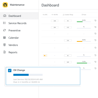 Maintenance software for trucking showing a live-snapshot of truck telematics, like DTC, oil PSI, coolant temperature and fuel level, overlaid with a preventive maintenance reminder showing truck is due to change oil in 2 months or 18,650 miles, which comes first.
