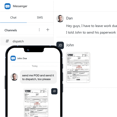 Messenger application for trucking showing dispatch and drivers communicating via chat and SMS in a dedicated #dispatch channel.