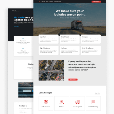 Image shows two different templates for a trucking website that Trucking Hub's website application automatically builds for user.
